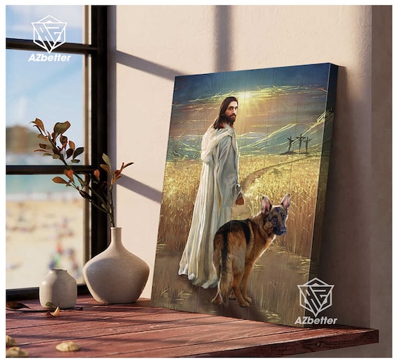 Jesus Walking with German Shepherd Golden Wheat Field Sunset Poster