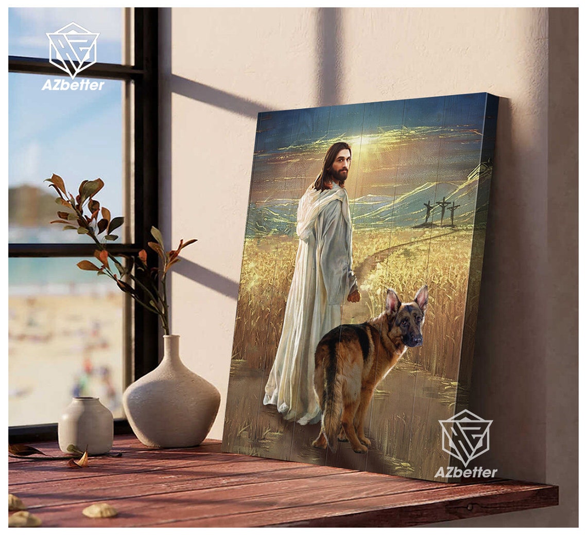 Jesus Walking with German Shepherd Golden Wheat Field Sunset Poster