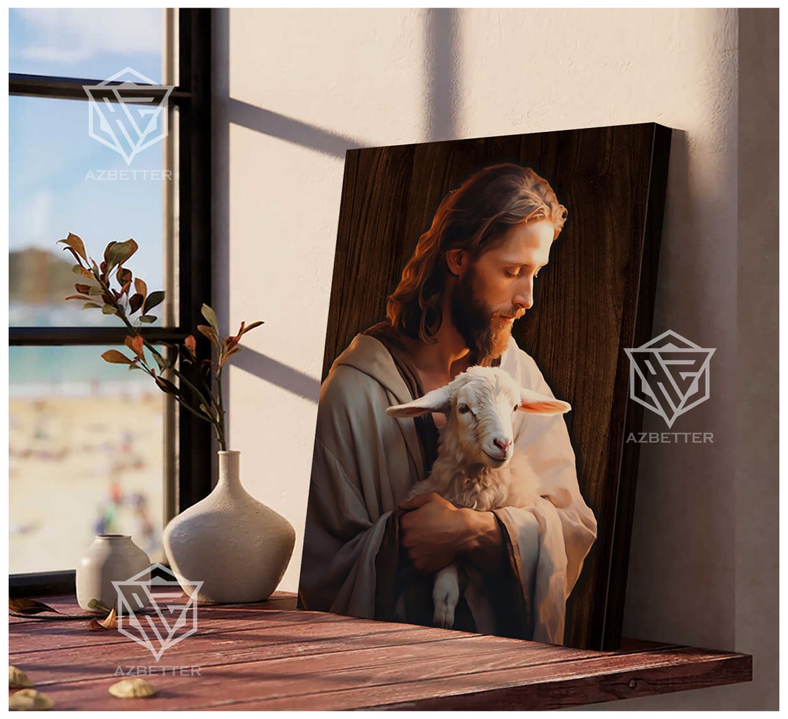 Jesus Holding Lost Lamb in Arms Gentle Savior Painting Poster - Image 3