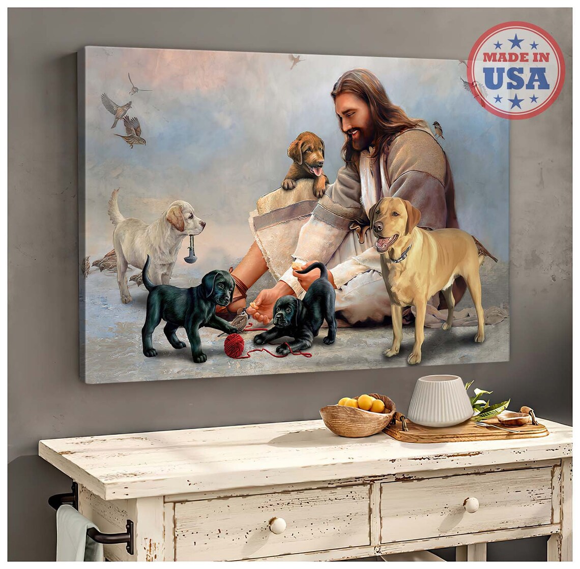 Jesus Sitting with Labrador Puppies Playing with Yarn Poster - Image 5