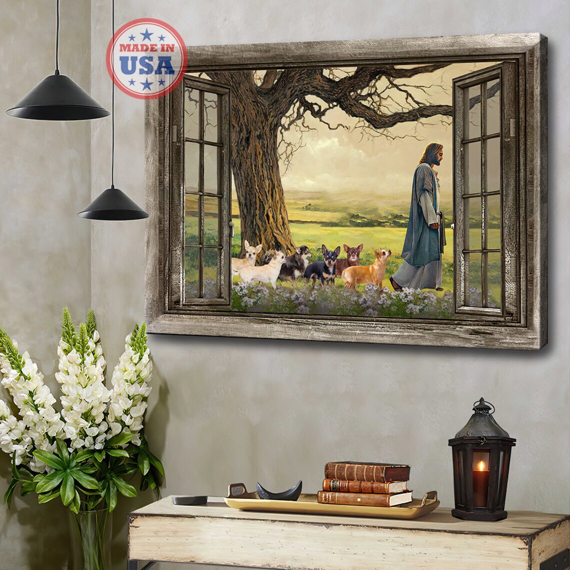 Jesus Walking with Five Chihuahuas in a Rustic Window Frame Scene Poster - Image 3