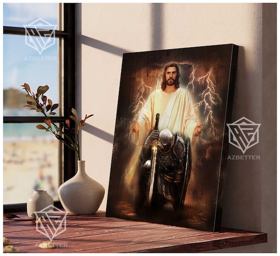 Jesus With Lightning And Kneeling Knight Armor Of God Faith Poster