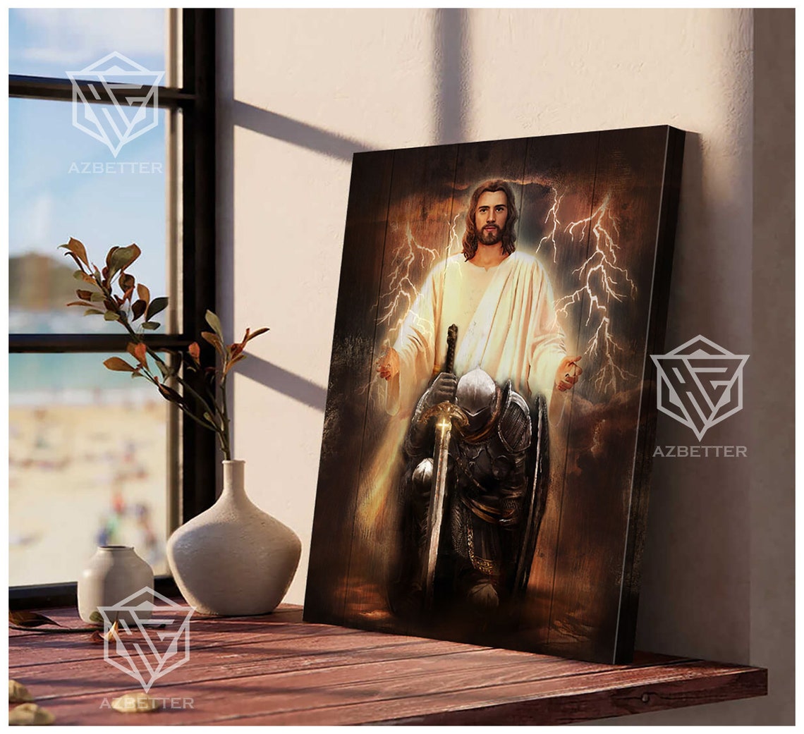 Jesus With Lightning And Kneeling Knight Armor Of God Faith Poster