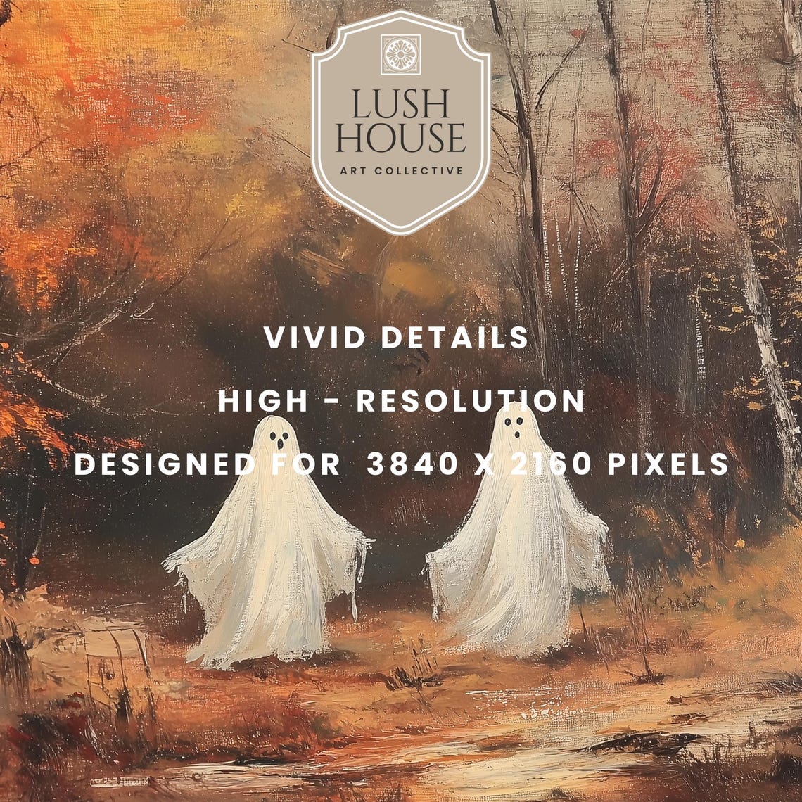Two Ghosts Strolling Through Autumn Birch Woods Halloween Poster - Image 3