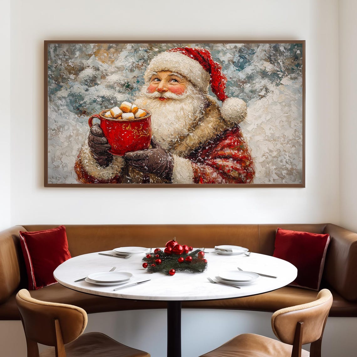 Smiling Santa Holding a Red Mug of Hot Chocolate in the Snow Poster - Image 4