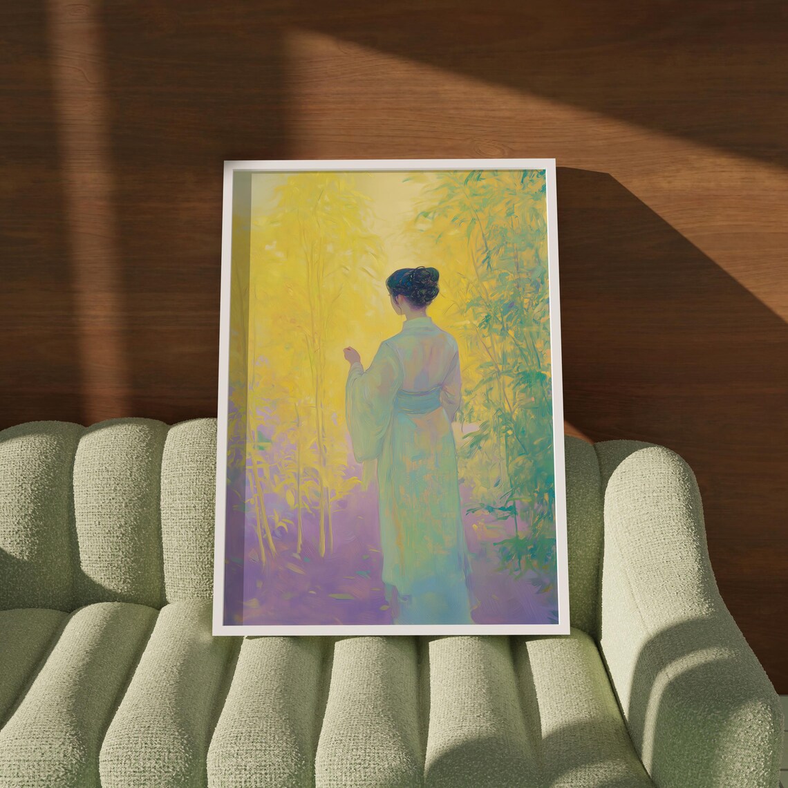 Woman In Kimono Walking Golden Bamboo Forest Ethereal Art Poster - Image 2