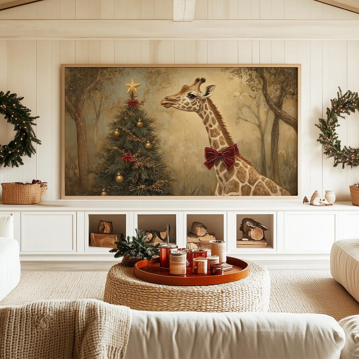 Giraffe Wearing a Red Bow Beside a Decorated Christmas Tree Poster - Image 3