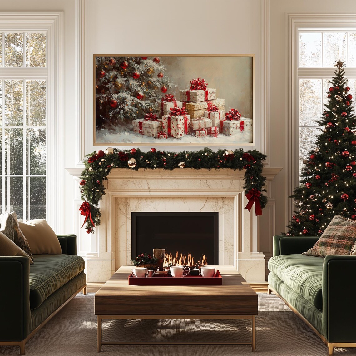 Red Ribbon Christmas Presents Under Snowy Tree Oil Painting Poster - Image 5