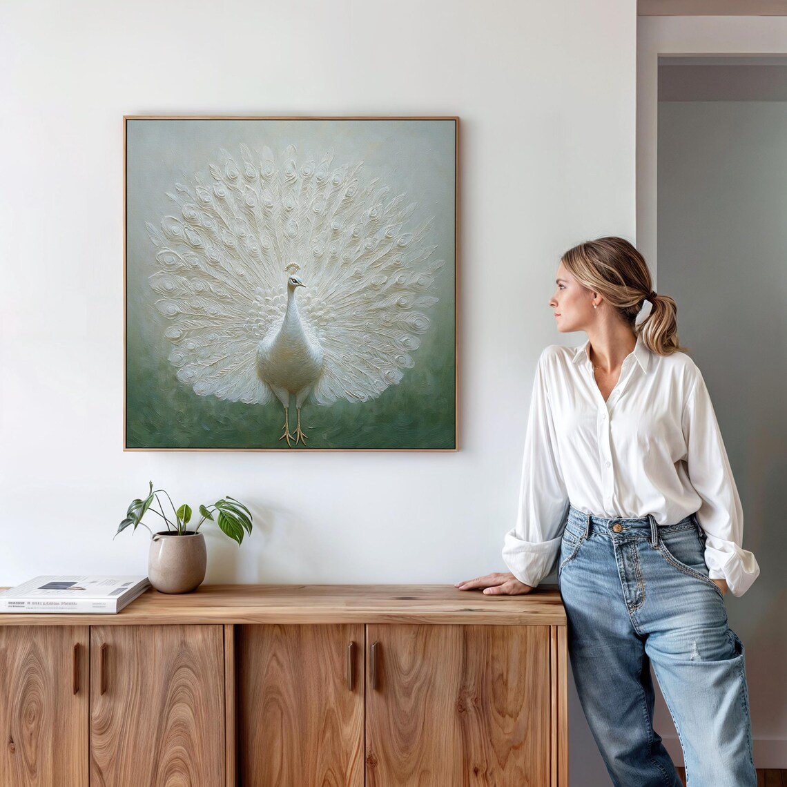 White Peacock With Fanned Tail 3D Textured Oil Painting Style Poster
