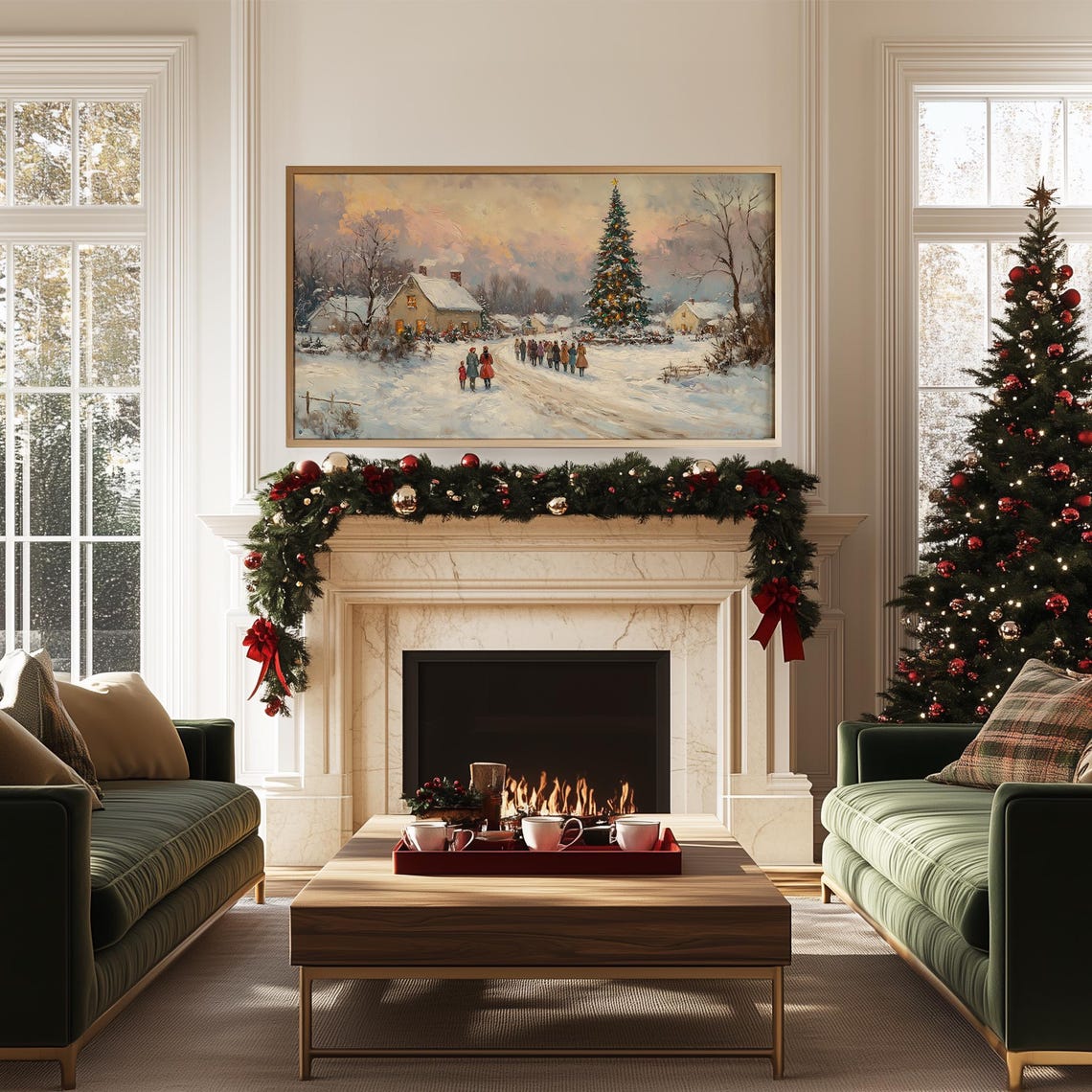 Snowy Village Gathering Around Christmas Tree Vintage Holiday Poster - Image 5