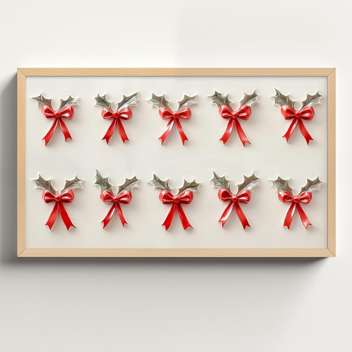 Ten Red Bows with Silver Holly on White Minimalist Christmas Wall Art