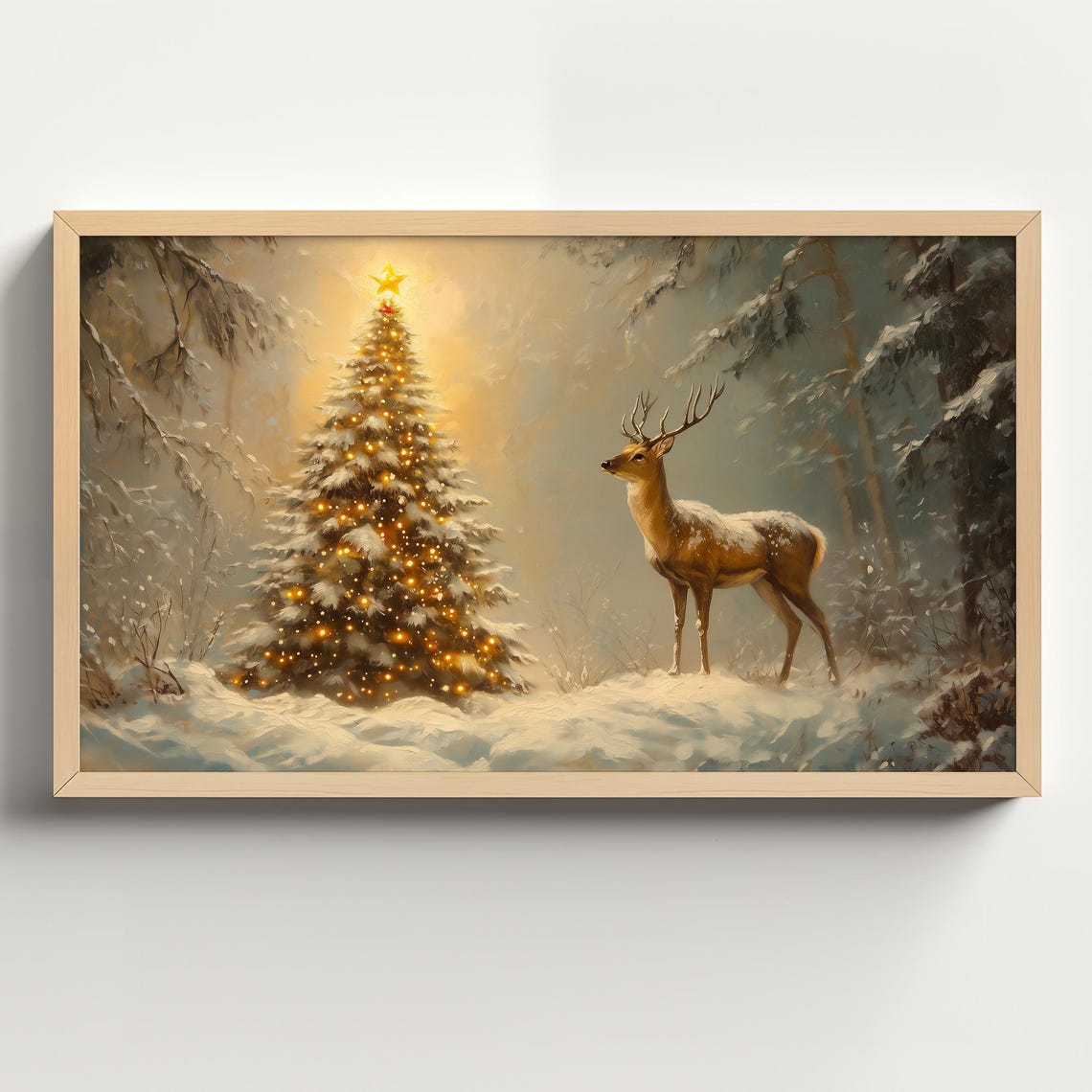 Golden Stag Beside Glowing Christmas Tree In Snowy Forest Poster