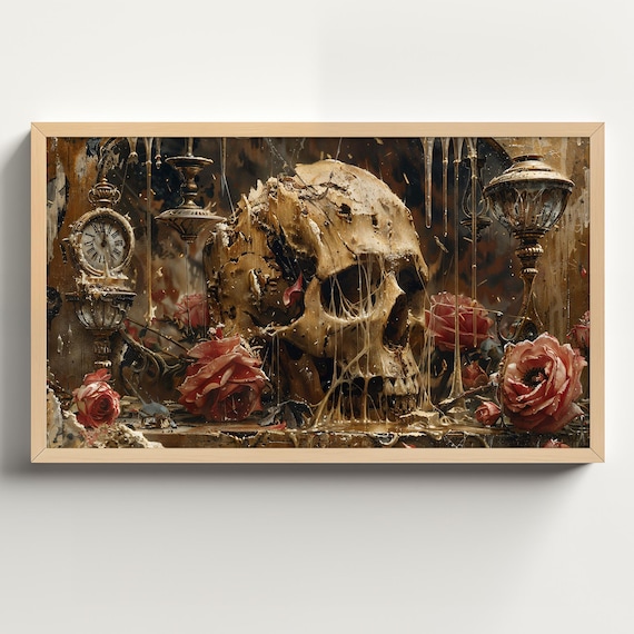 Cracked Skull with Red Roses and Dripping Candles Dark Academia Poster
