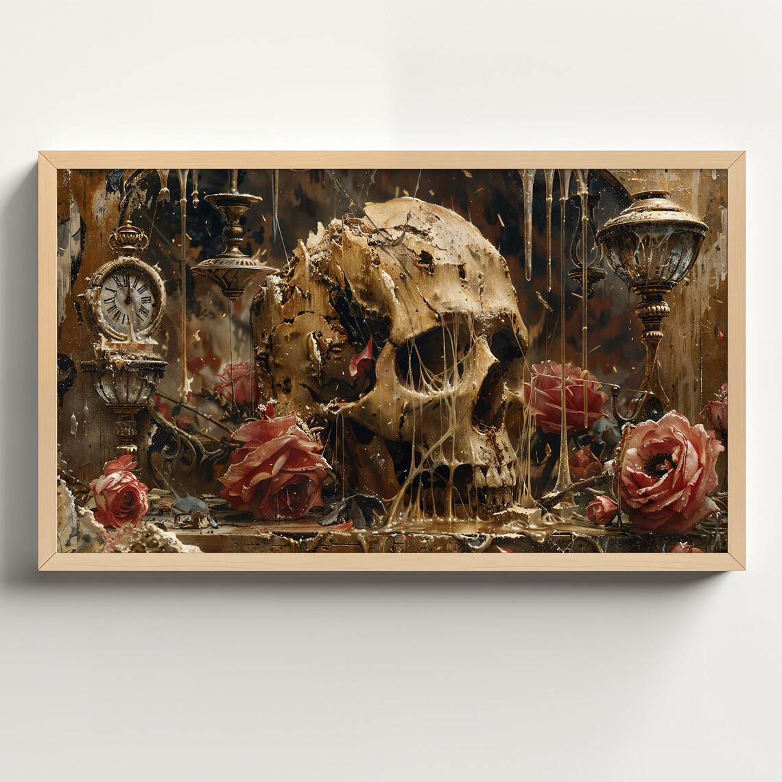 Cracked Skull with Red Roses and Dripping Candles Dark Academia Poster