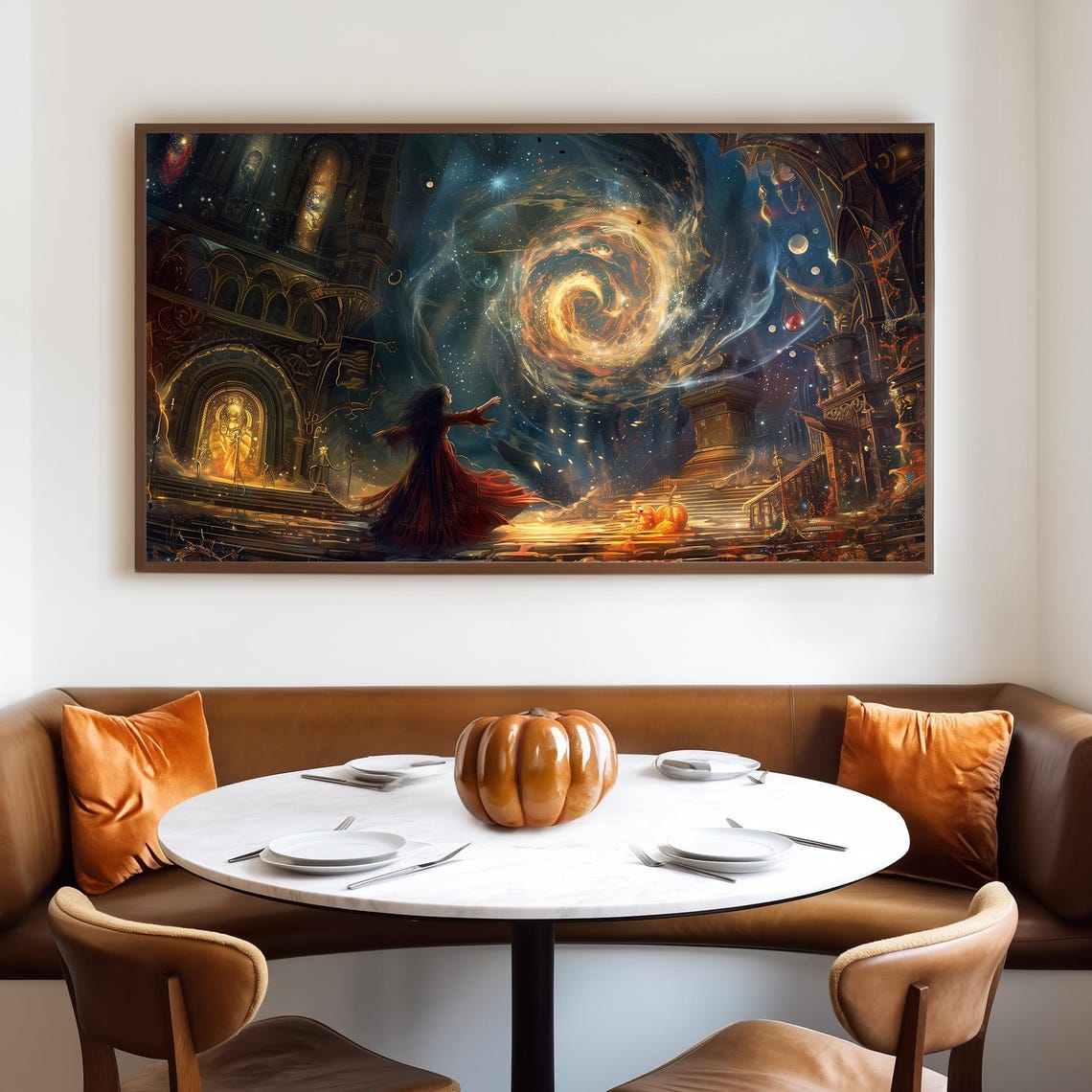 Witch Casting a Spell Beneath a Swirling Golden Galaxy Night Poster - Image 4