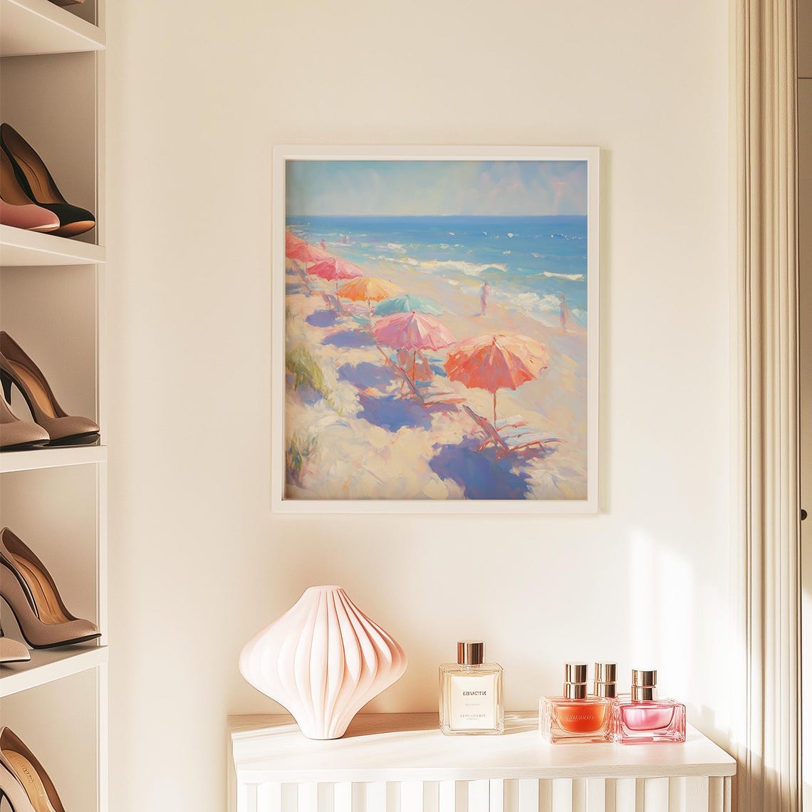 Pastel Beach Umbrellas Dotting Sunny Seaside Shoreline Poster - Image 5