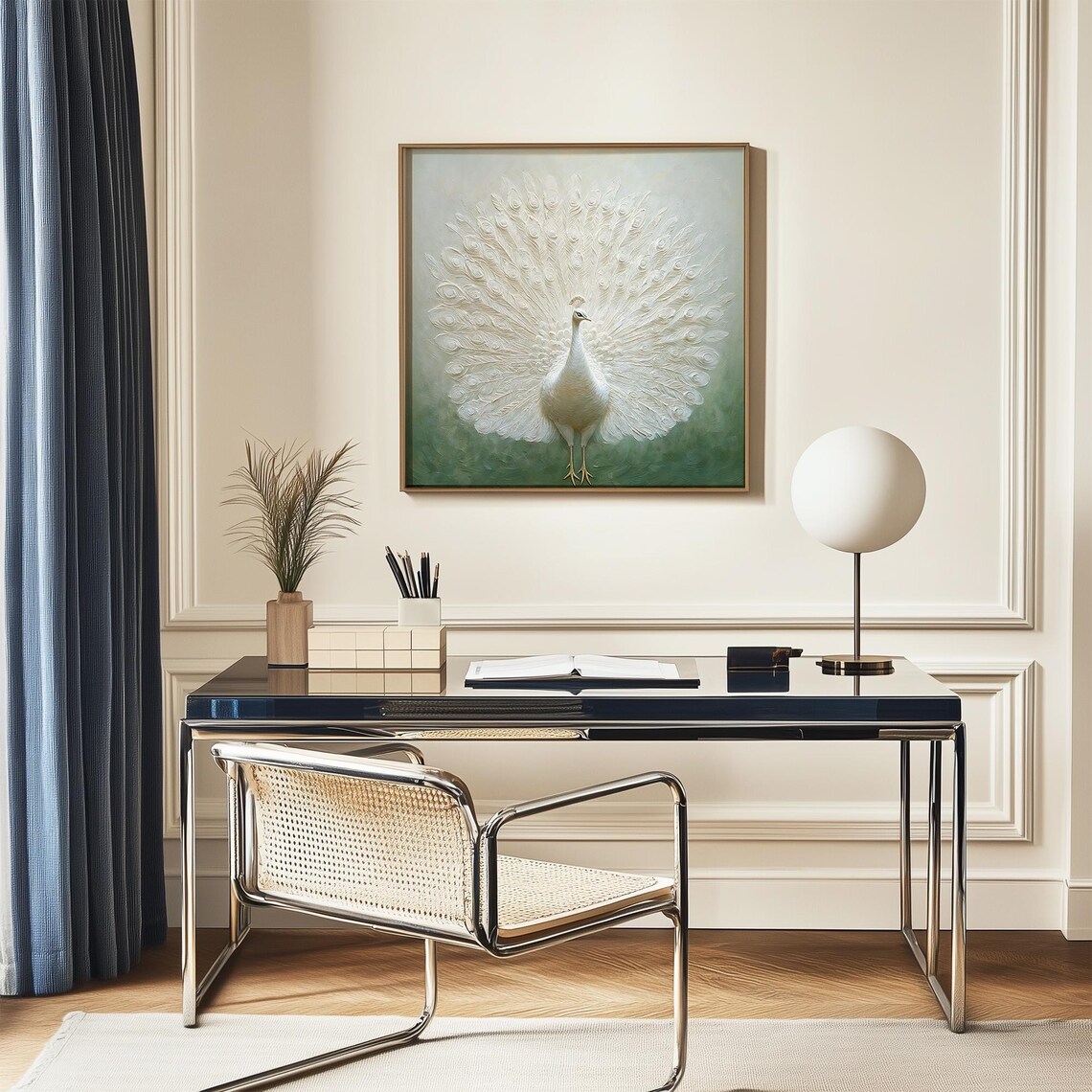 White Peacock With Fanned Tail 3D Textured Oil Painting Style Poster - Image 2