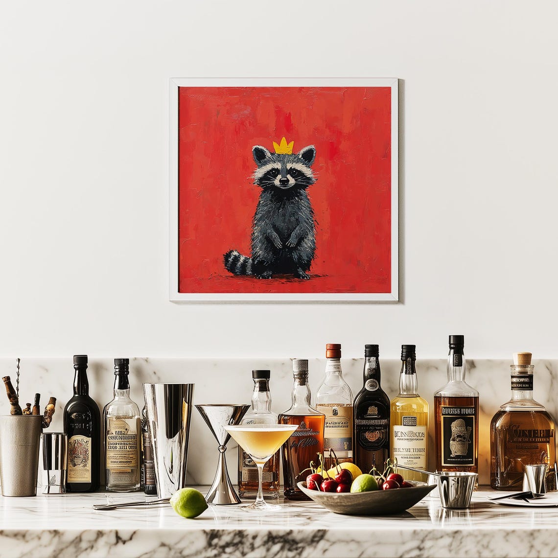 Raccoon Wearing Tiny Gold Crown on Bold Red Pop Art Background Poster - Image 4