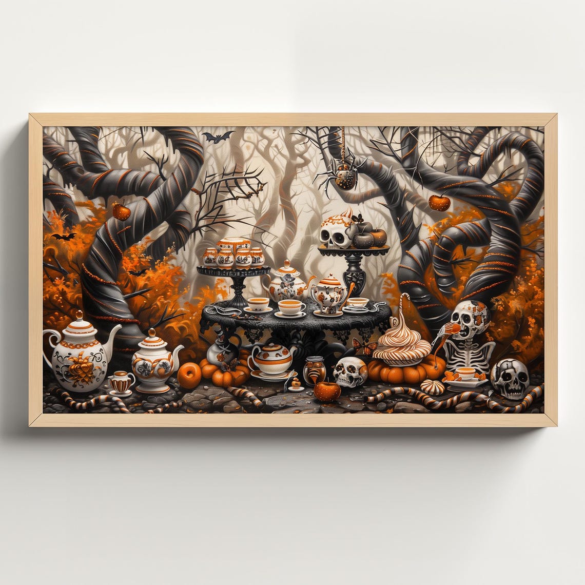 Gothic Tea Party Tablescape in Twisted Forest With Skeletons Poster