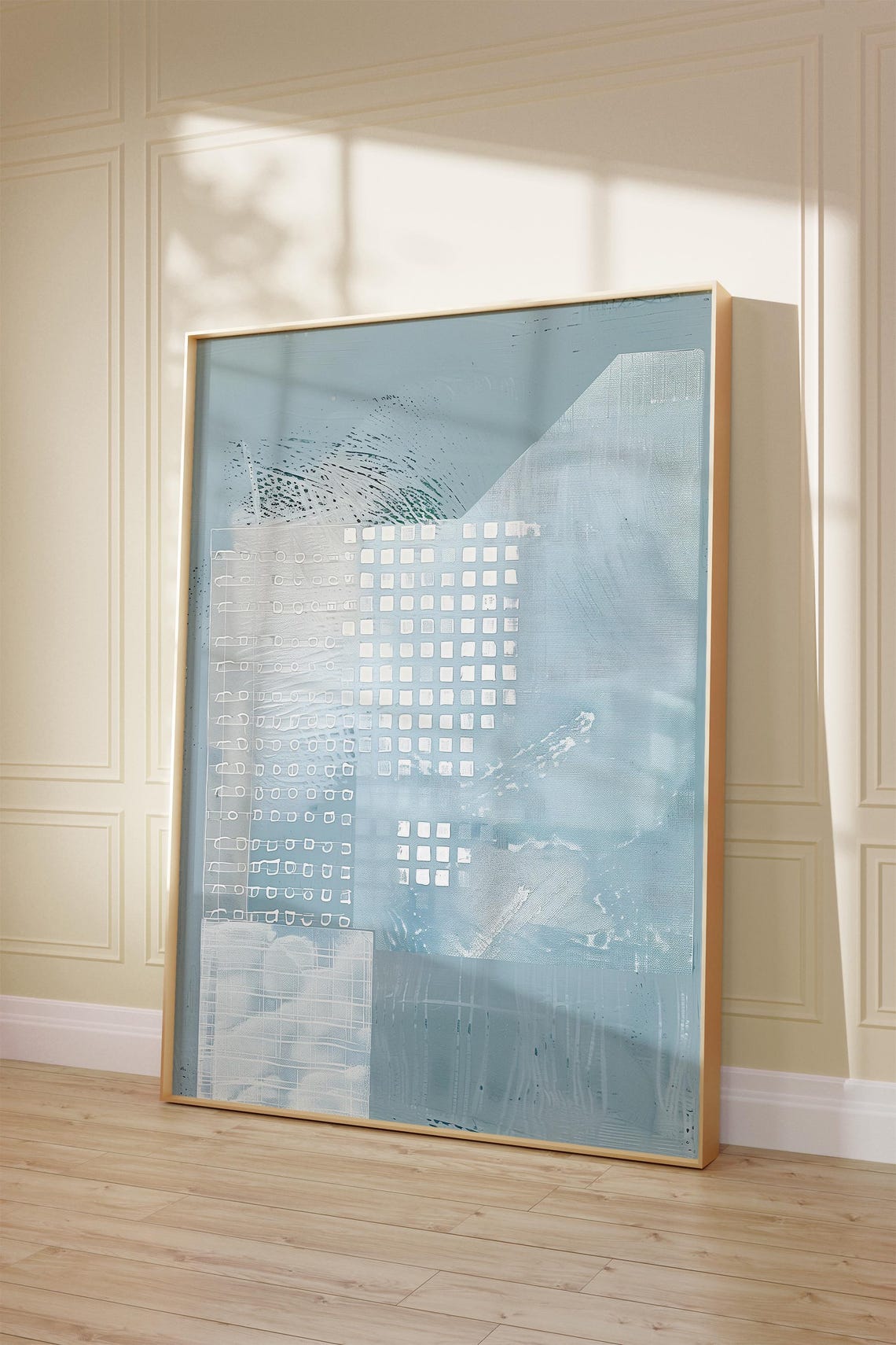 Pale Blue Textured Abstract Painting with Soft White Squares Print - Image 5
