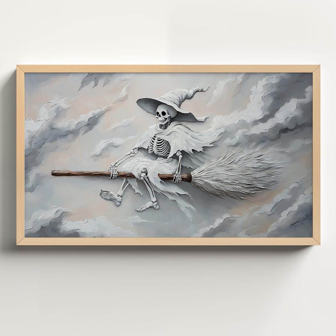 Skeleton Witch Flying on a Broomstick Through Gray Clouds Poster