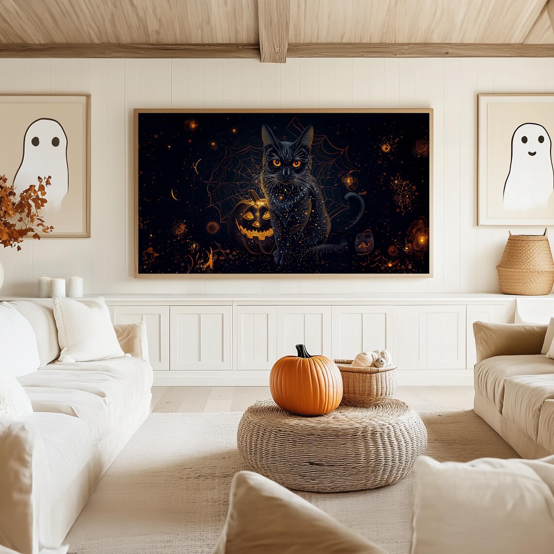 Black Cat With Glowing Jack O Lantern Under Starry Halloween Night Poster - Image 5