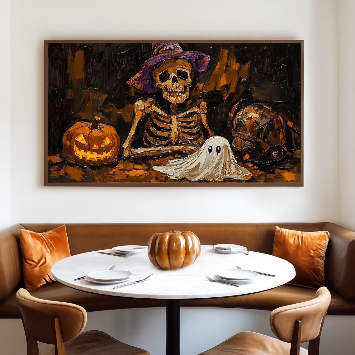 Skeleton in a Purple Witch Hat with Ghost and Pumpkin Halloween Poster - Image 4
