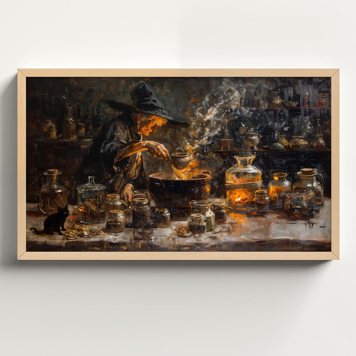 Witch Brewing a Potion in a Cauldron with Black Cat Nearby Poster