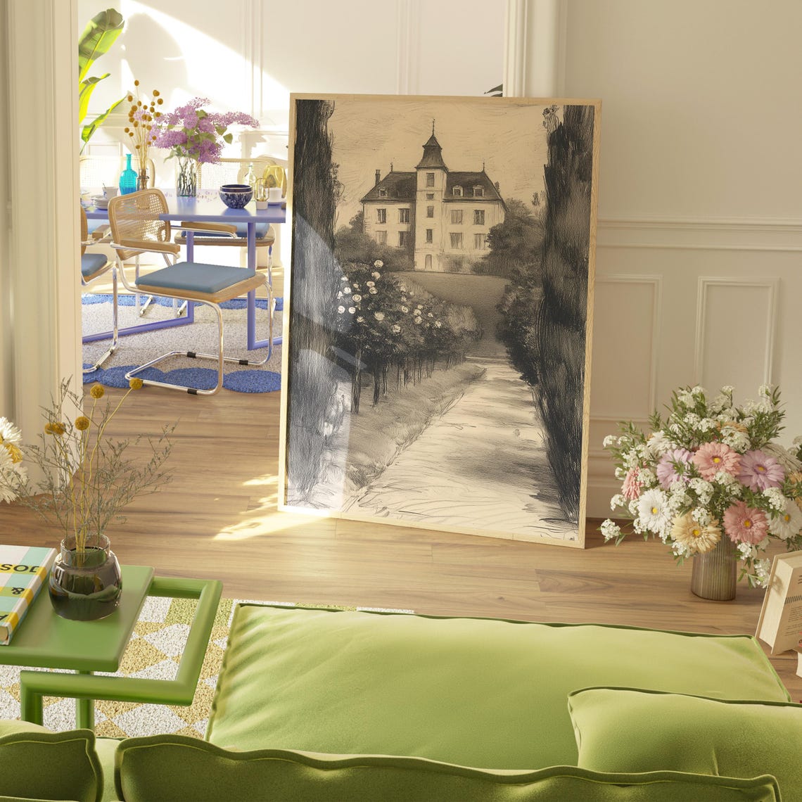 French Chateau Garden Path Charcoal Sketch Vintage Landscape Poster - Image 2