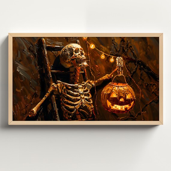 Skeleton Holding Jack O Lantern Trick or Treat Bucket Night Poster
