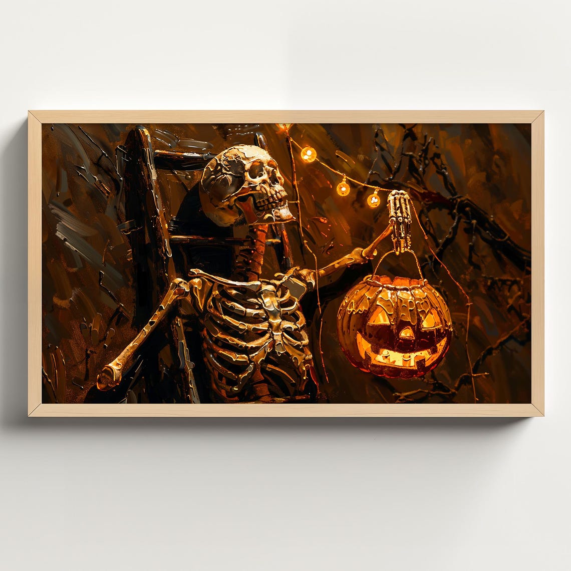 Skeleton Holding Jack O Lantern Trick or Treat Bucket Night Poster