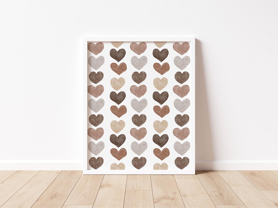 Neutral Brown Watercolor Hearts Fall Love Season Decor Wall Art - Image 2
