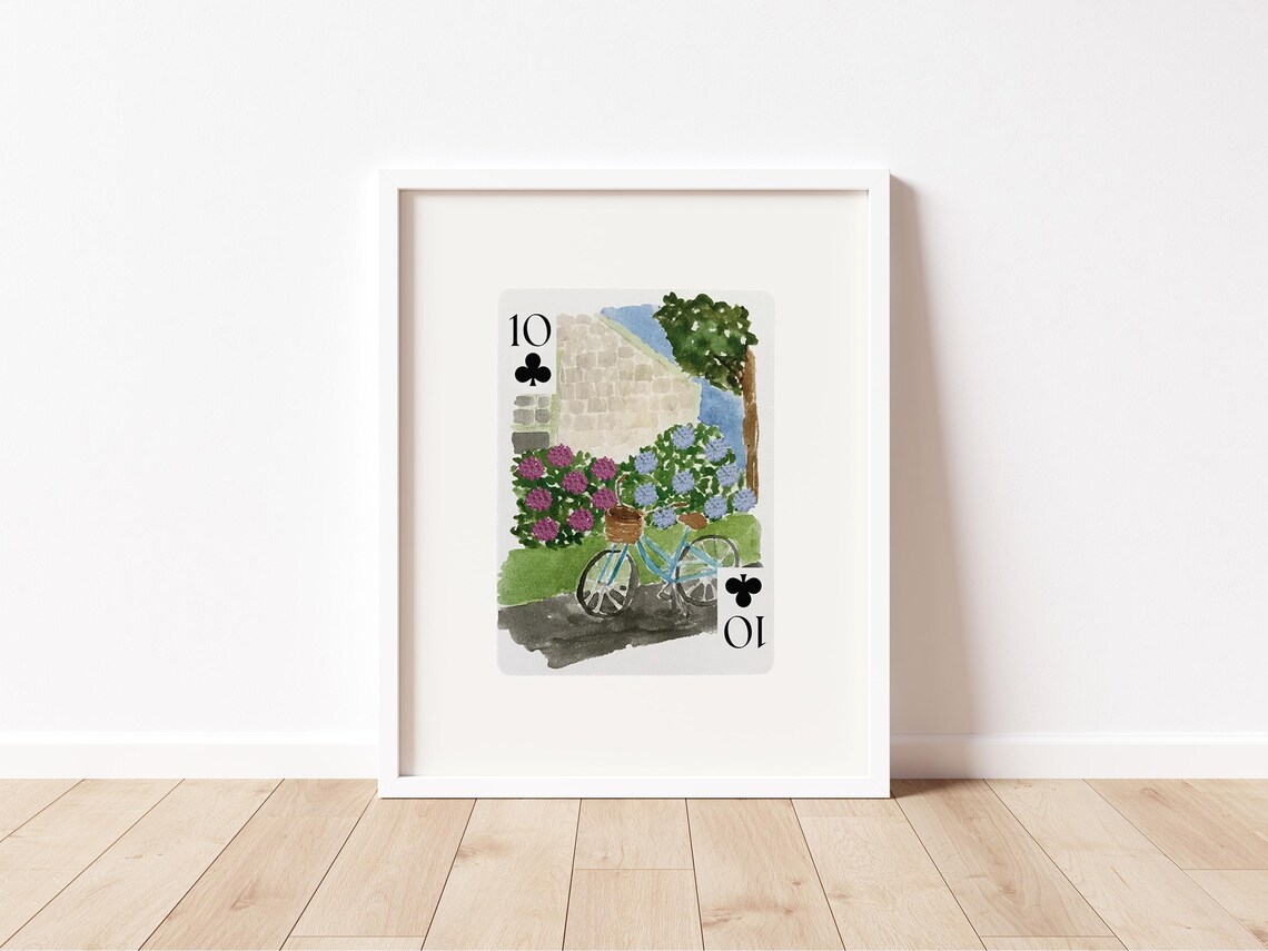 Playing Card 10 of Clubs Bicycle and Hydrangea Watercolor Poster - Image 2