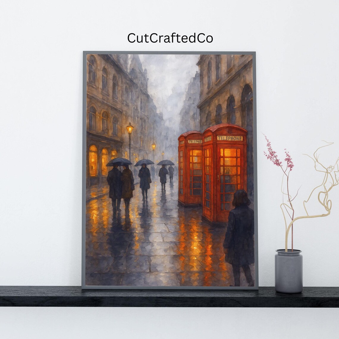 London Red Phone Booths Rainy Night Umbrellas Watercolor Poster