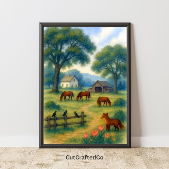 Countryside Farm Scene Print Horses Fox In Meadow Wall Art Rustic Barn Pastoral Wildlife Decor Nature Poster