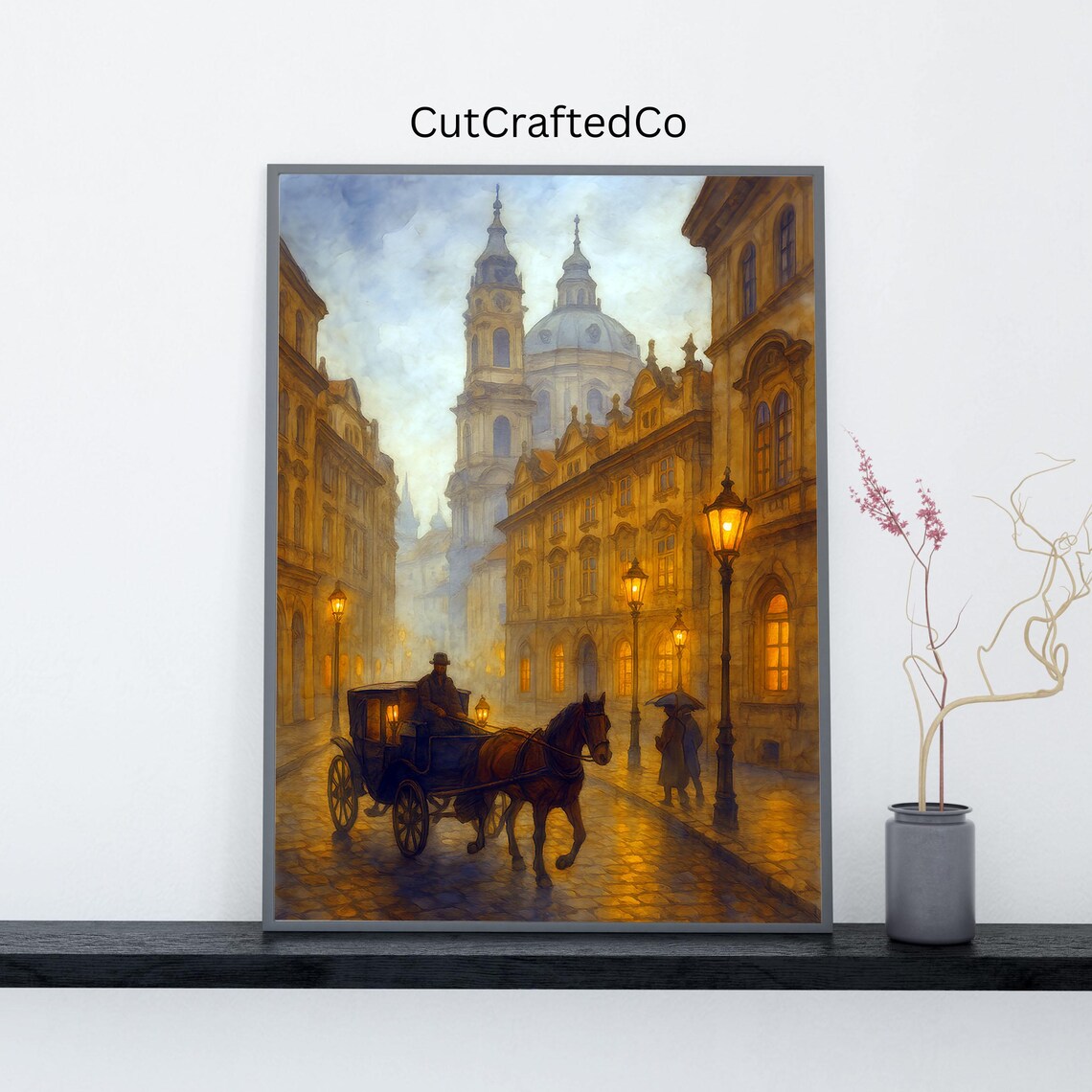 Old European Street Watercolor Horse Carriage Evening Scene Poster