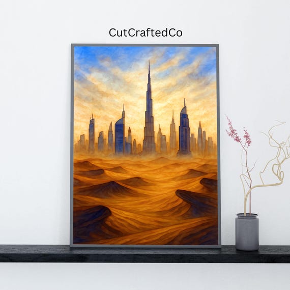 Dubai Skyline Wall Art Burj Khalifa Watercolor Print Modern City Desert Scene Uae Travel Poster Architecture Instant