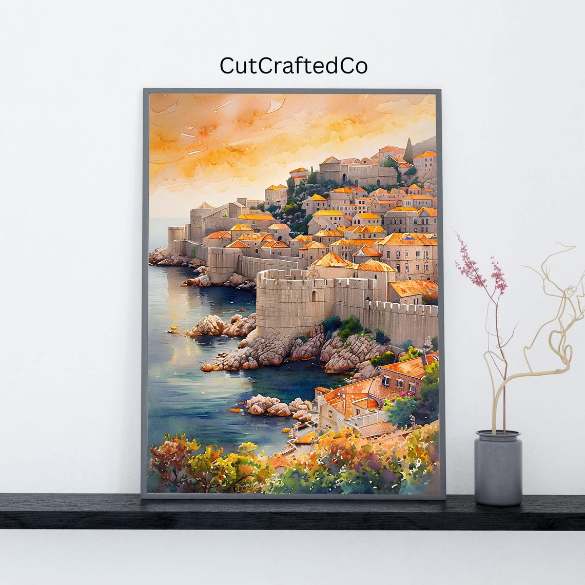 Dubrovnik Old Town Sunset Watercolor Walled City Harbor Poster