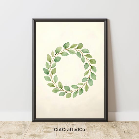 Green Wreath Wall Art Minimalist Watercolor Leaf Circle Print Nature Botanical Png Decor