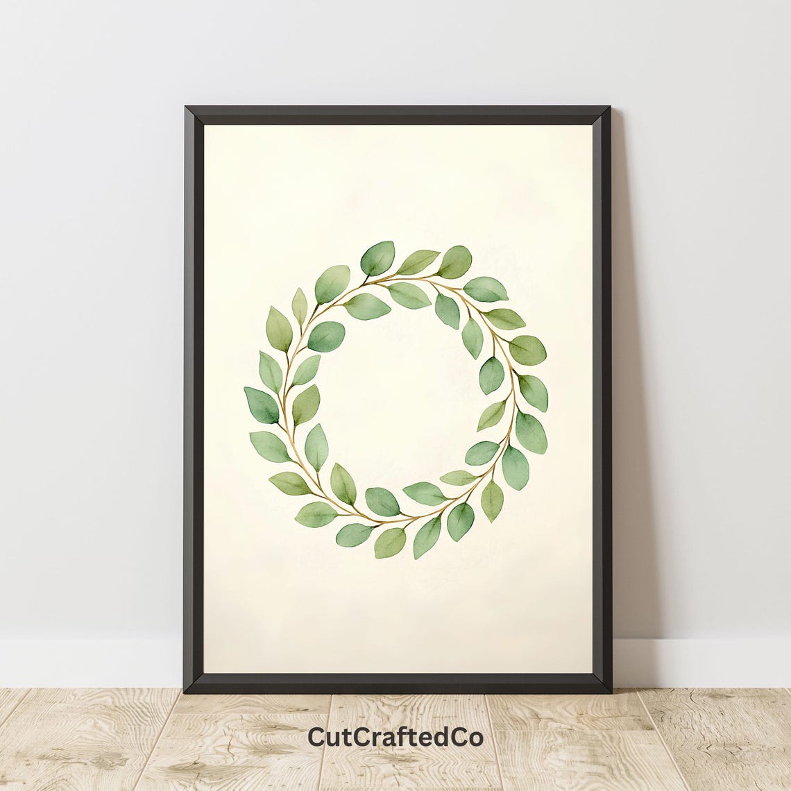 Green Wreath Wall Art Minimalist Watercolor Leaf Circle Print Nature Botanical Png Decor