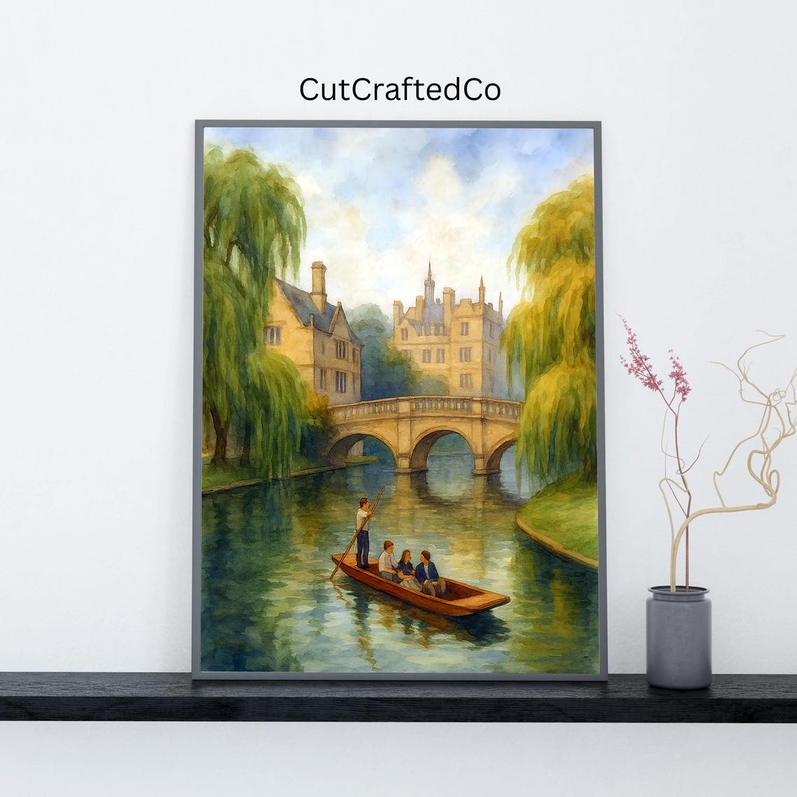 River Punting Stone Bridge Historic College Watercolor Poster