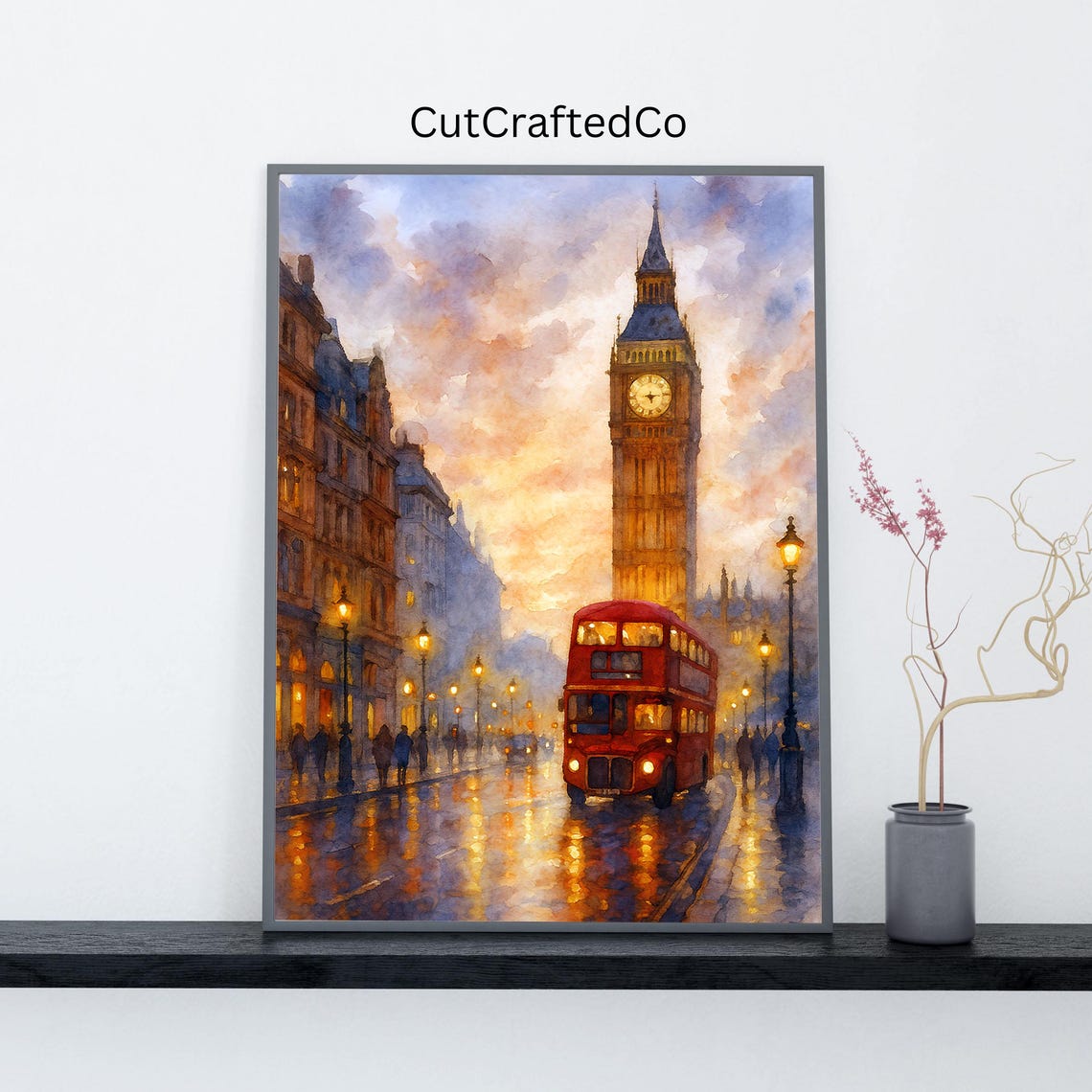 London Big Ben Print Watercolor Red Bus Wall Art Rainy City Street Scene Travel Poster United Kingdom Illustration