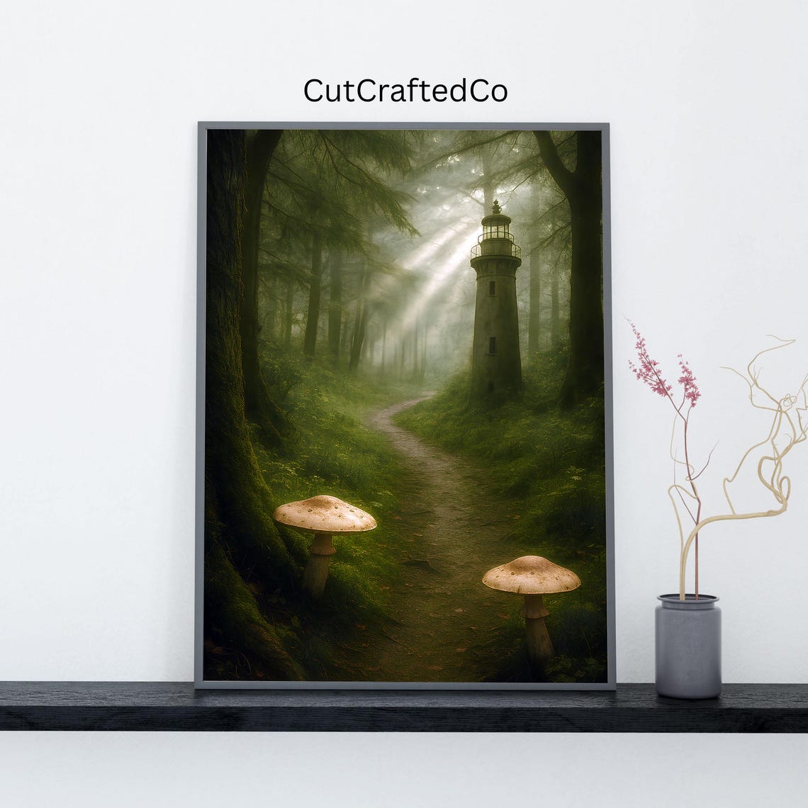 Enchanted Misty Forest Path with Lighthouse and Mushrooms Wall Art