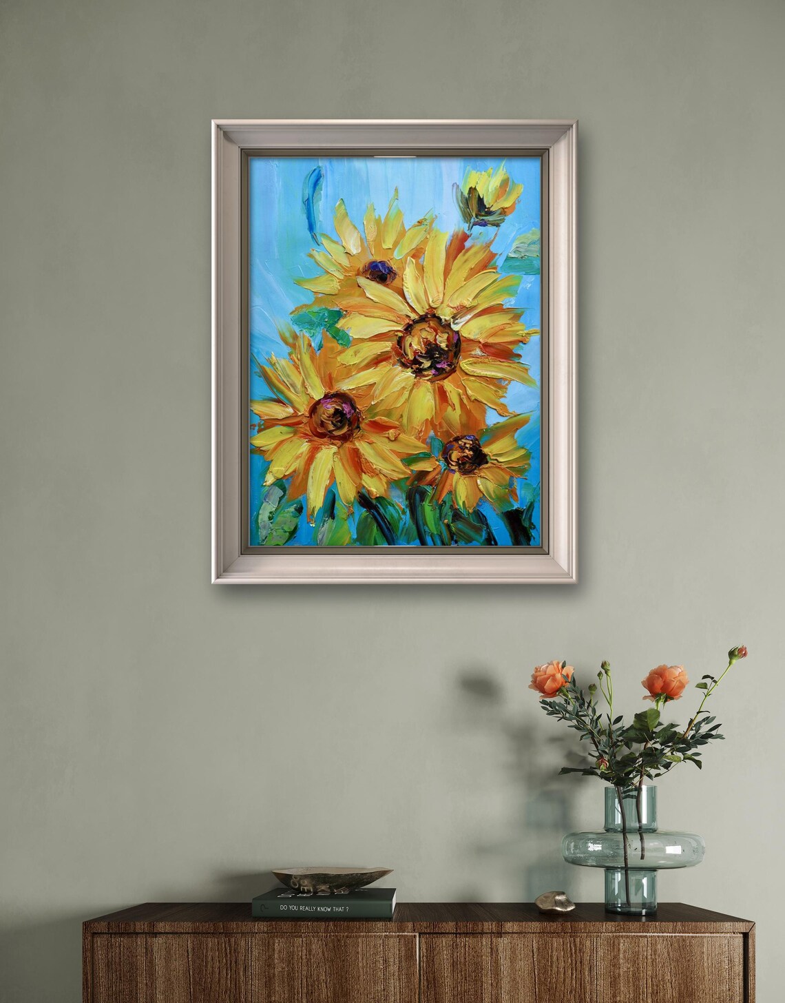 Yellow Sunflowers Oil Painting Blue Background Bright Floral Poster - Image 3