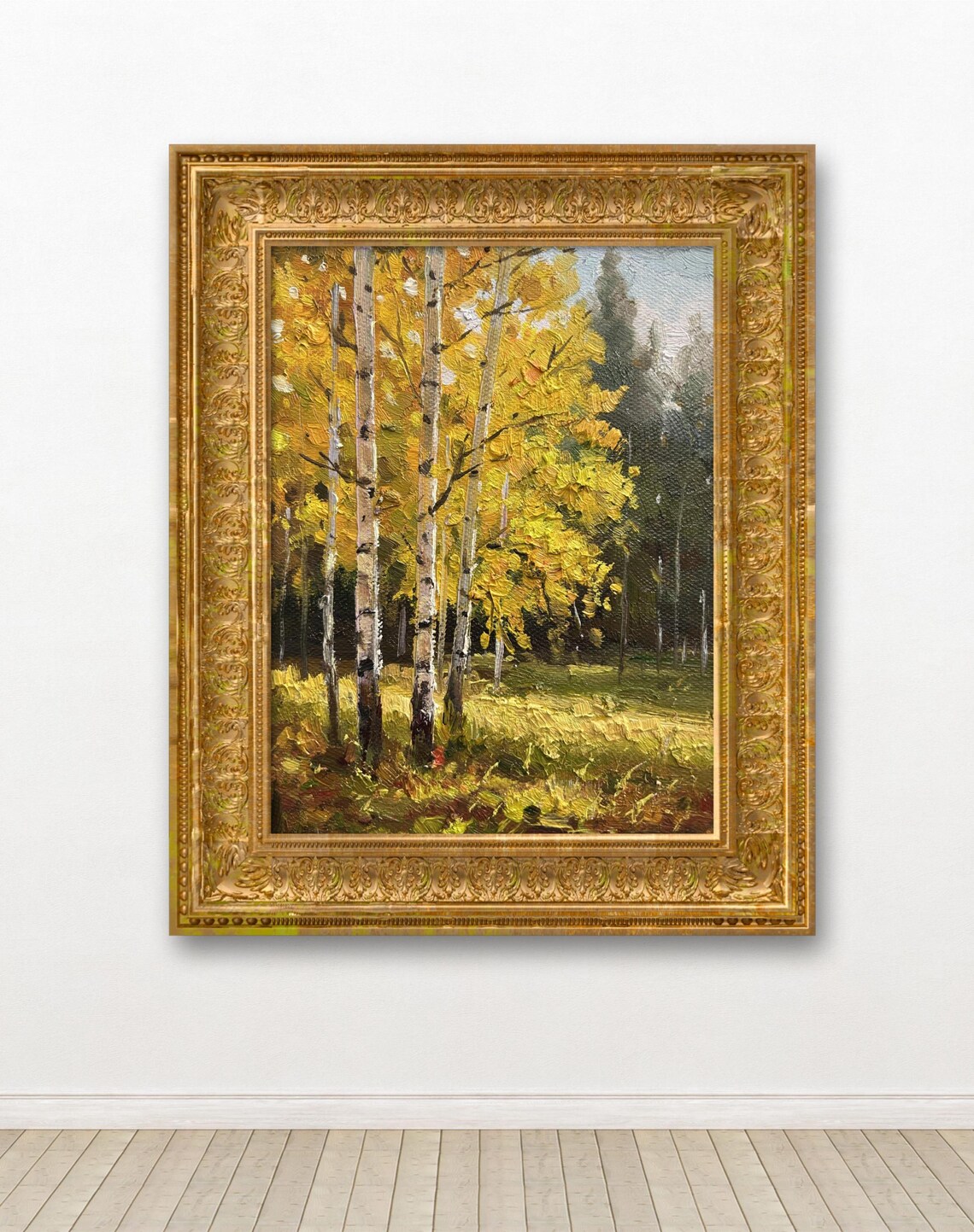Sunlit Golden Birch Trees Oil Painting Autumn Forest Glow Poster
