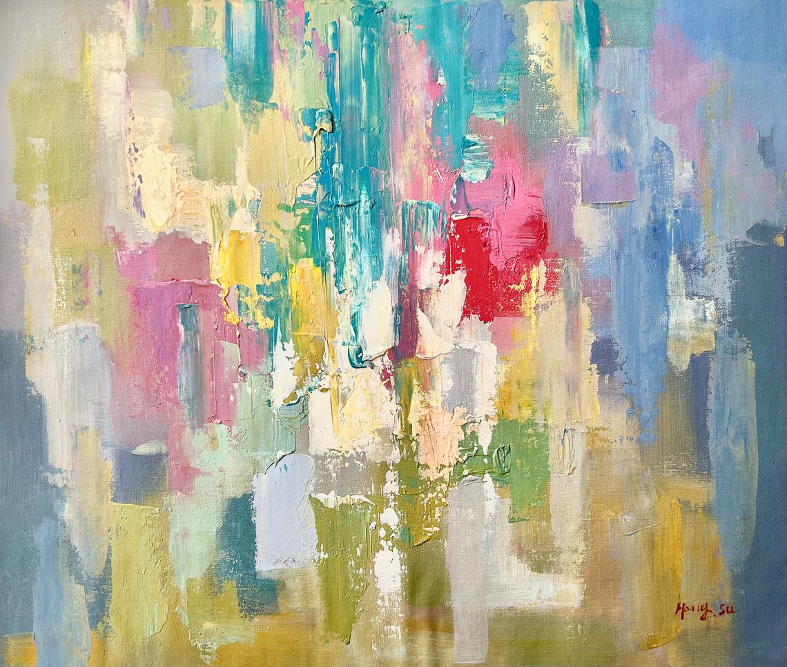 Pastel Yellow Pink Teal Abstract Cheerful Modern Oil Art Print