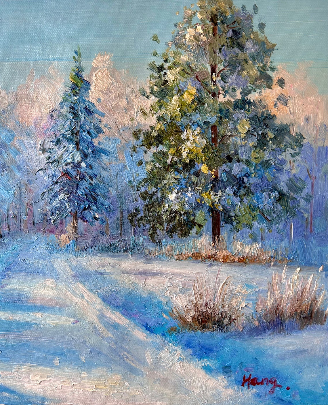 Snowy Winter Forest Path Blue Pines Snow Landscape Oil Poster - Image 4