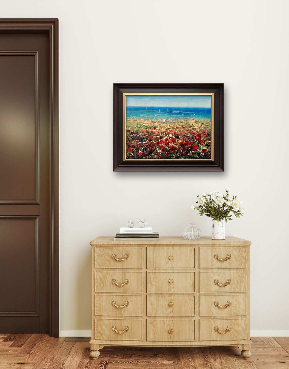 Red Poppy Field By The Blue Sea With Sailboats Oil Painting Poster - Image 4