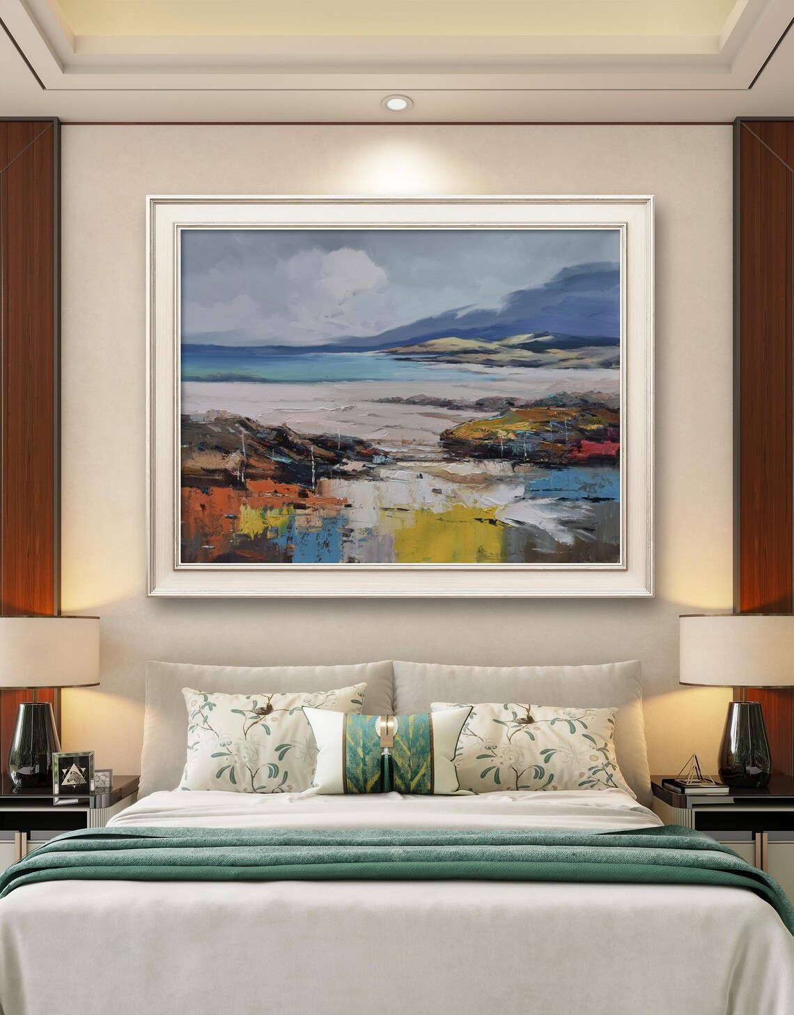 Abstract Coastal Seascape With Mountains Blue And Gold Oil Poster - Image 3