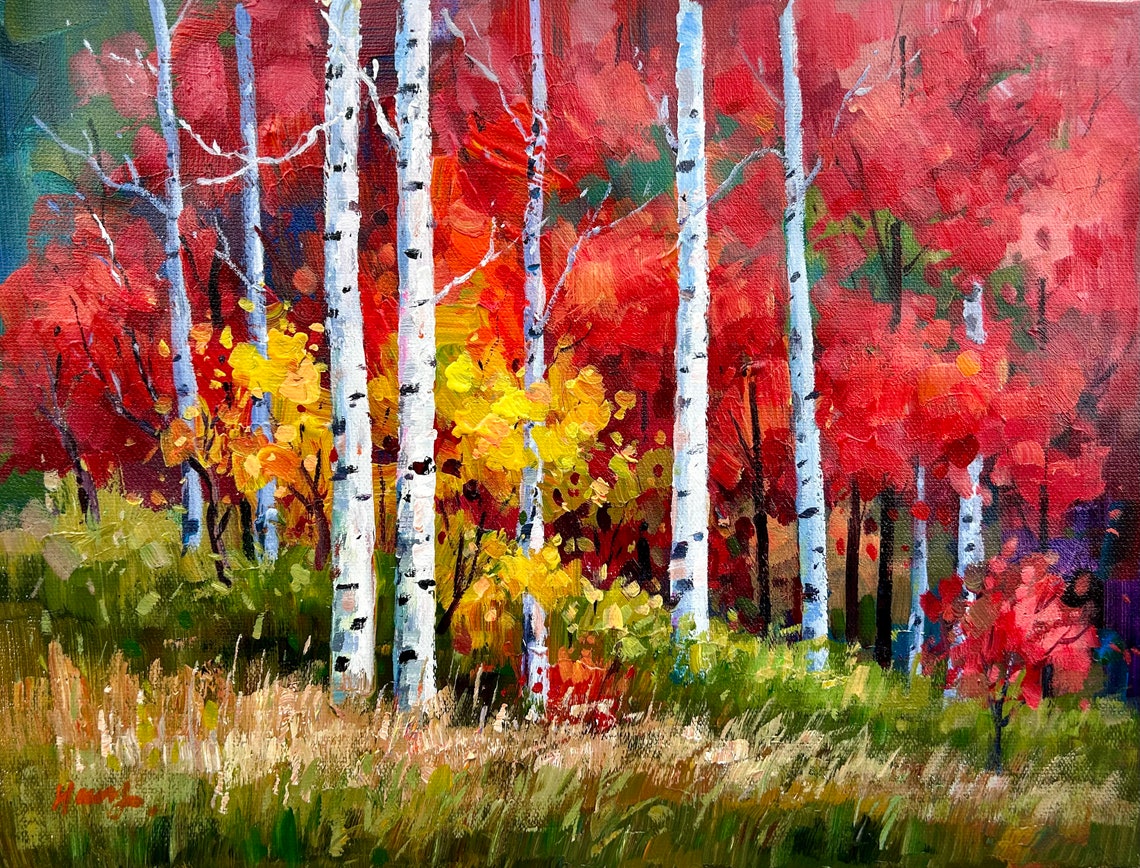 Autumn Birch Forest Red Foliage White Trunks Landscape Poster - Image 5